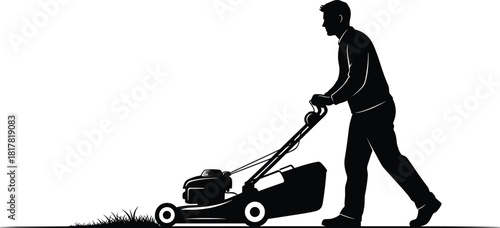 Person mowing lawn silhouette vector illustration, gardening and landscaping icon, outdoor home maintenance graphic design element for stock content