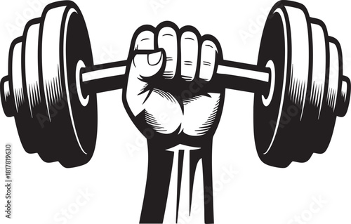 A powerful, stylized illustration of a clenched fist holding a heavy barbell, rendered in a classic black and white sketch aesthetic.