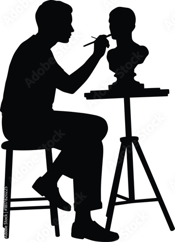 Silhouette artist seated on stool sculpting or painting bust on stand, creative craftsman working in studio representing fine art, design, and craftsmanship