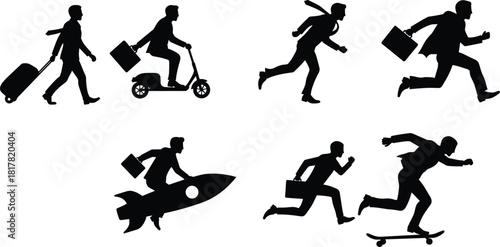 Silhouette businessperson with briefcase walking, riding scooter, sprinting, skateboarding, and flying on rocket, symbolizing commuting, speed, innovation, and professional career growth