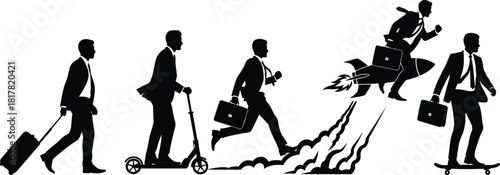 Silhouette businessperson with briefcase walking, riding scooter, running, flying with rocket, and skateboarding, symbolizing progress, innovation, speed, career growth, and professional success