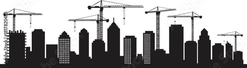 Silhouette city skyline with high‑rise buildings and multiple construction cranes, urban development scene representing modern architecture, infrastructure growth, and metropolitan expansion