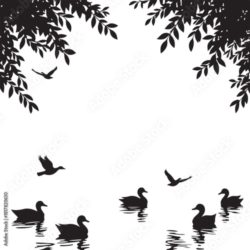 Black silhouette ducks and birds on water with leaves