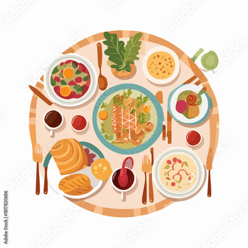 Overhead View of a Round Table Set with Various Dishes.