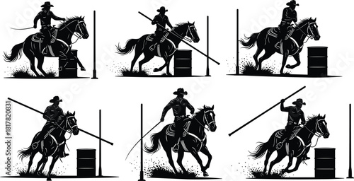 Silhouette collection of cowboy riding horse, barrel racing, pole bending, equestrian competition poses, rodeo sport, western riding, agility and strength vector illustration