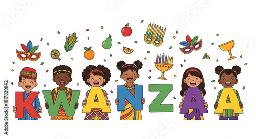 Kwanzaa Happy Children Celebration African American Kids Holding Letters Festival Fruits Corn Kinara Unity Cup Swahili Umoja Mazao Mkeka Joyful Culture Vector Illustration Design Banner
