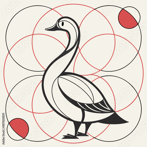 Elegant stylized goose or swan illustration with clean lines, set against a decorative background of overlapping geometric circles with red accents