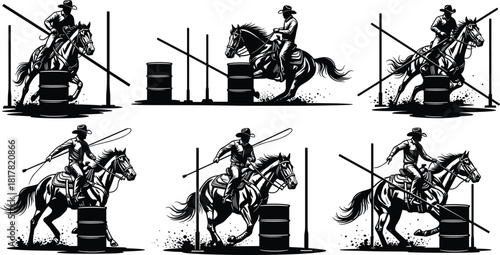 Silhouette collection of cowboy riding horse, equestrian competition poses, barrel racing, pole bending, rodeo sport, western riding, agility and strength vector illustration