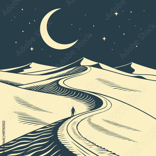 A solitary figure journeys along a winding path across vast desert sand dunes under a starry night sky, with a prominent crescent moon casting shadows