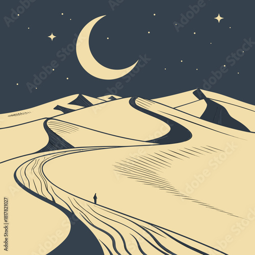 A lone figure journeys through winding desert dunes at night, under a crescent moon and stars, symbolizing solitude, exploration, and the vastness of nature