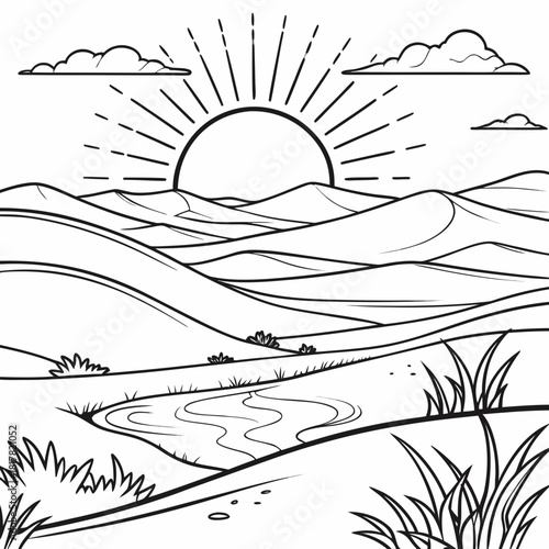 Sunrise over a mountain landscape with a winding river, clouds, and foreground plants, in black and white line art style, isolated on