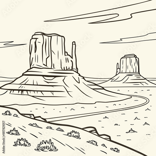Line art illustration of monument valley, featuring iconic buttes, a winding desert road, and sparse vegetation, capturing the rugged beauty of the american southwest