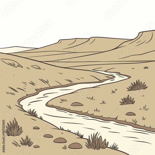A winding river meanders through a vast desert landscape, with rolling hills and sparse vegetation under a clear sky, showcasing natures tranquil beauty