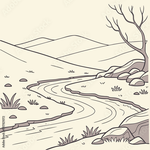 Line art illustration of a winding river flowing through a serene natural landscape, featuring rolling hills, scattered rocks, grass, and a bare tree, depicting a calm outdoor
