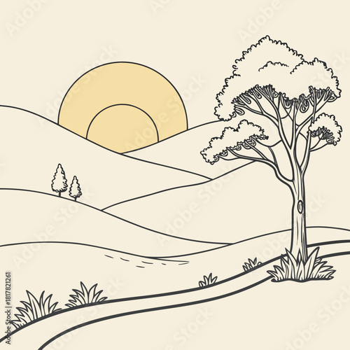 Minimalist line art illustration of a peaceful natural landscape featuring rolling hills, a majestic tree, and a warm sun peeking over the horizon, symbolizing tranquility and dawn or dusk