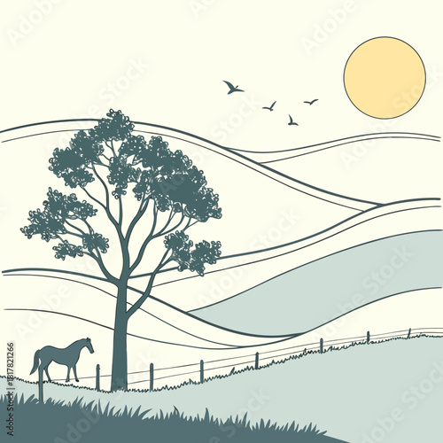 A serene landscape illustration depicting a lone horse standing near a large tree on rolling hills under a bright sun with birds flying in the sky, evoking a peaceful rural scene