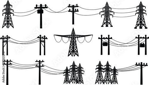Silhouette collection of electrical transmission towers, utility poles with power lines, transforme