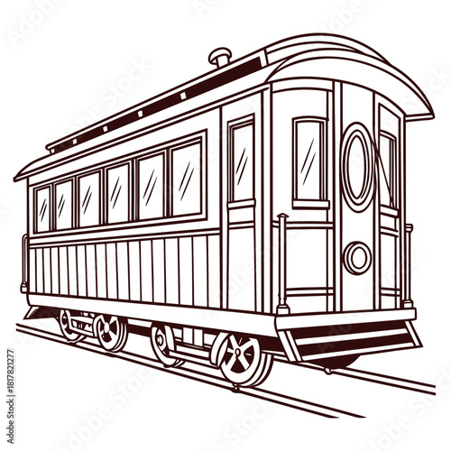 Vintage passenger train car or trolley line art drawing, showcasing classic transportation design and historical railway travel and urban transit