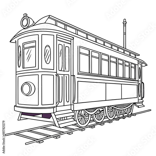 Vintage streetcar line art drawing, an oldfashioned tram on railway tracks, a classic public transportation vehicle, isolated on