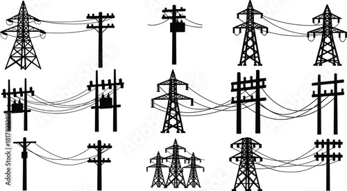 Silhouette collection of electrical transmission towers, utility poles with power lines, transformers