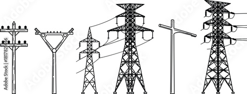 Silhouette collection of electrical transmission towers, utility poles with power lines, transformer