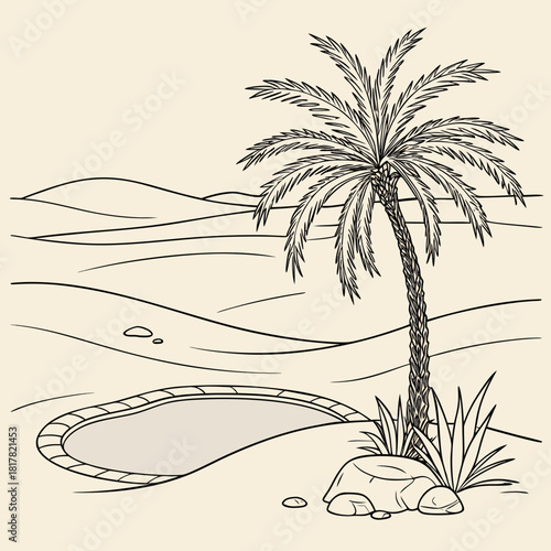 Line art illustration of a desert oasis with a single palm tree, a small pool, rocks, and sand dunes in the background, in a clean, tranquil style