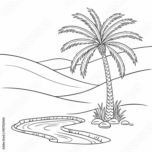 Line art drawing of a desert oasis featuring a palm tree next to a winding river, with rolling sand dunes in the background, isolated on
