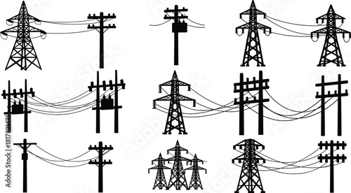 Silhouette collection of electrical transmission towers, utility poles with power lines, transformer