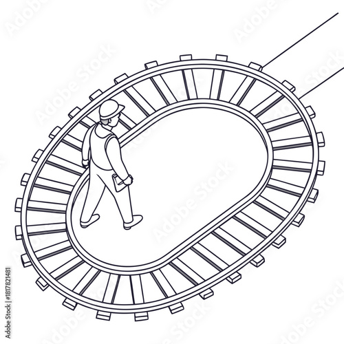 A worker in a hard hat walks on an oval train track, inspecting the railway line, a black and white line drawing, isolated on