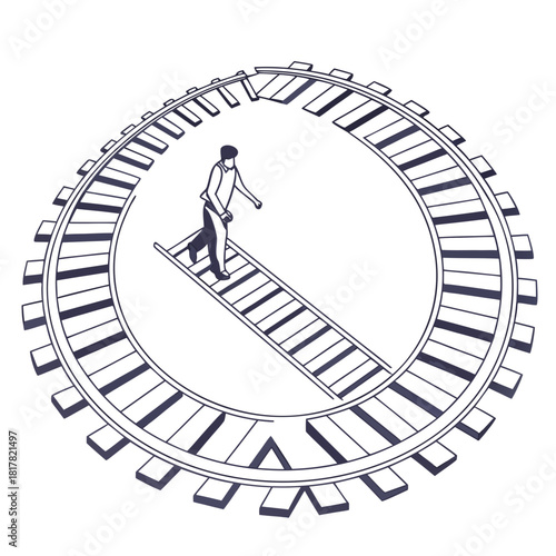 A person ascending a ladder within a circular, gearlike structure, representing a continuous loop of work or a repetitive challenge, isolated on