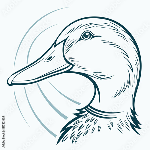 Detailed line art illustration of a ducks head in profile, showcasing its beak and eye with elegant strokes, isolated on
