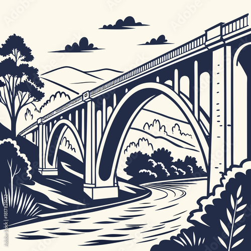 A classic black and white illustration depicting a grand arched bridge spanning a winding river, surrounded by lush trees and rolling mountains under a cloudy sky