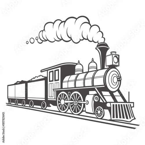 Vintage steam locomotive with a tender car full of coal, chugging along a railway track, emitting a large plume of smoke, isolated on