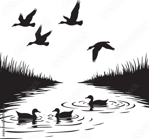 Black silhouette ducks flying over water and swimming