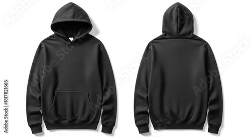 Two views of a plain black hooded sweatshirt displayed front and back mockup, isolated on white background