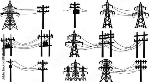 Silhouette collection of electrical transmission towers, utility poles with power lines, transformer
