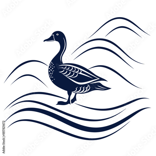 Stylized dark blue duck swimming in water with decorative waves, creating an elegant and simple design, isolated on