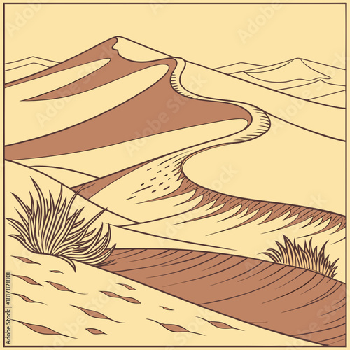 An illustrative desert landscape featuring rolling sand dunes and sparse desert vegetation under a clear sky, depicting a serene and vast arid environment