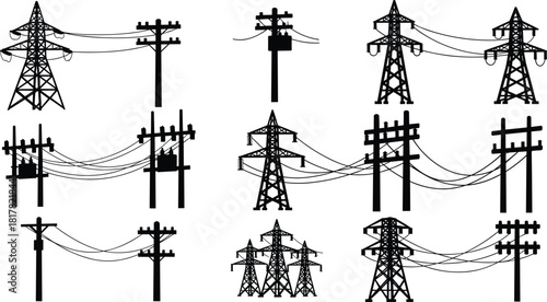 Silhouette collection of electrical transmission towers, utility poles with power lines, 