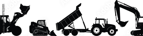Silhouette collection of heavy machinery including front loader, track loader, dump truck, farm tractor, and excavator, construction and agriculture equipment illustration