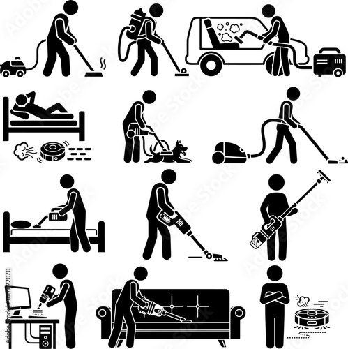 Vacuum Cleaner Usage Stick Figure Pictogram Icons Set