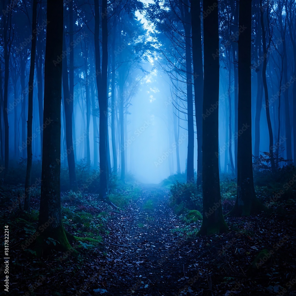 Naklejka premium A forest path winds into a mysterious, misty clearing. Tall trees flank the trail, enveloped in blue-toned fog