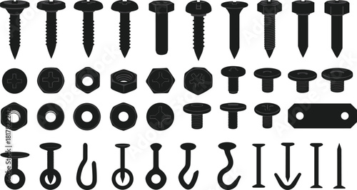 Silhouette collection of screws, bolts, nuts, washers, and hooks arranged in rows, construction fasteners for building, repair, mechanical, and DIY projects