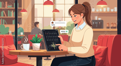 Woman in Coffee Shop Using Tablet Device for Communication and Audio Editing