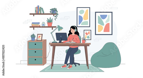 Serene home office setup with a woman working at her computer peacefully