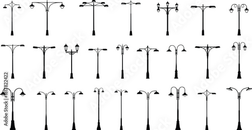 Silhouette collection of street lamps, decorative lamp posts, modern and classical outdoor lighting, urban design, architectural infrastructure, city night illumination vector illustration