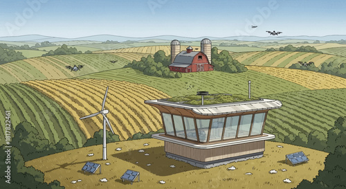 Sustainable Agriculture and Technology Integration Depicted in Cartoon Style