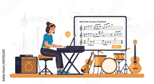 Woman practicing piano with real-time digital feedback using various instruments