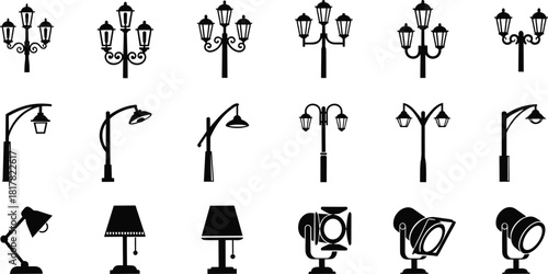 Silhouette collection of street lamps, modern outdoor lights, indoor desk lamps, table lamps, stage spotlights, decorative lighting fixtures, vintage and contemporary illumination vector