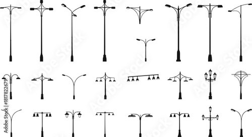 Silhouette collection of street lamps, urban lighting design, classical and modern lamp posts, decorative outdoor lights, architectural infrastructure vector illustration